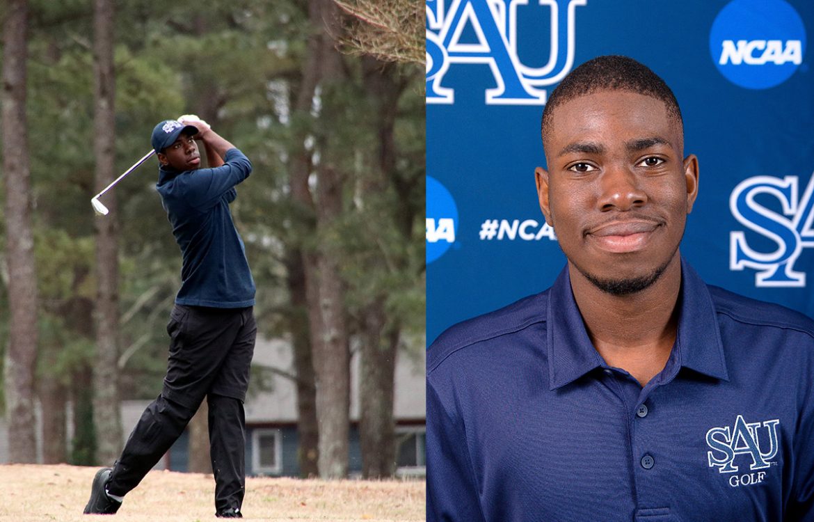 Golf student in mid swing and head shot